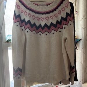 LOFT Cream Sweater with Pink and Black Zigzag Pattern